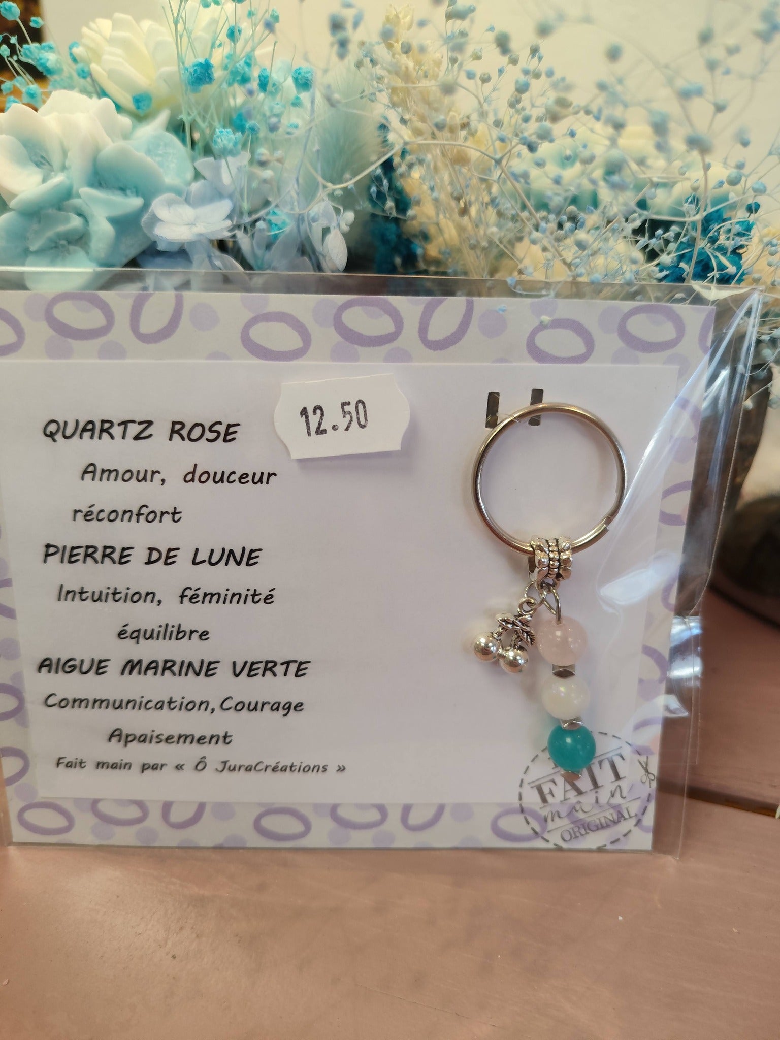 Porte-clés Quartz Rose, Pierre de Lune & Aigue-Marine Verte – Énergie & Sérénité