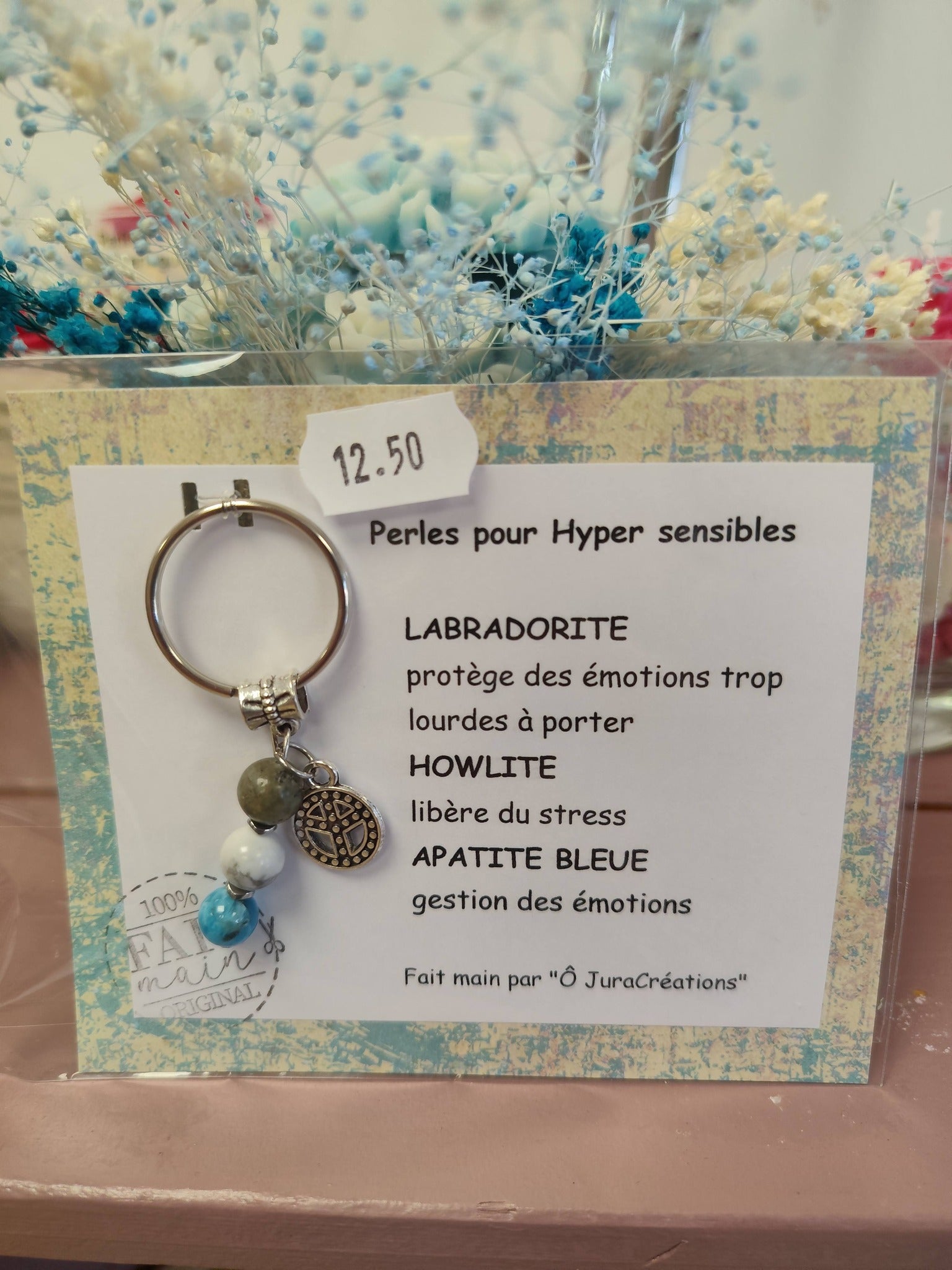 Porte-clés Labradorite, Howlite & Apatite Bleue – Sérénité & Protection