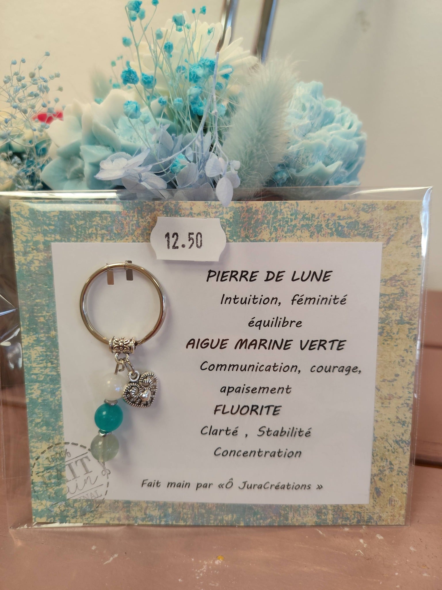 Porte-clés Pierre de Lune, Aigue-Marine Verte & Fluorite – Énergie & Harmonie