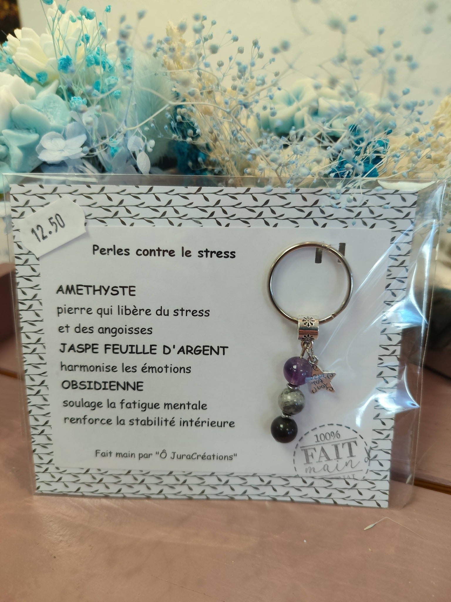 Porte-clés Améthyste, Jaspe Feuille d’Argent & Obsidienne – Protection & Sérénité